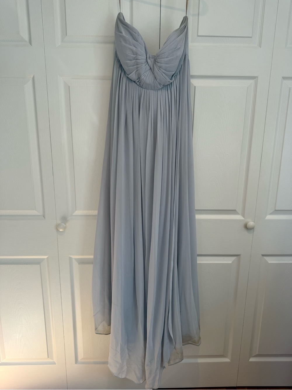 Jenny Yoo Pale Gray Strapless Pleated Chiffon Maxi Dress